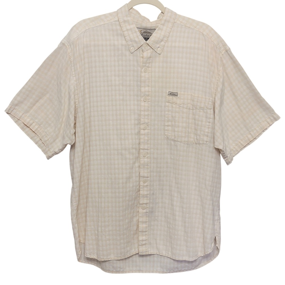 Quiksilver Button Down Mens XL Beige Plaid Short Sleeve Cotton Surf Shirt